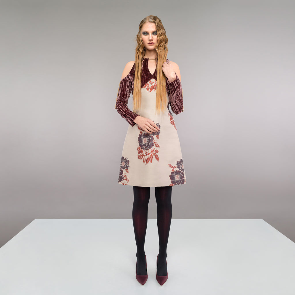 Tie Sleeve Dress velveteen red grey gray jacquard floral cord toggle model image photo picture