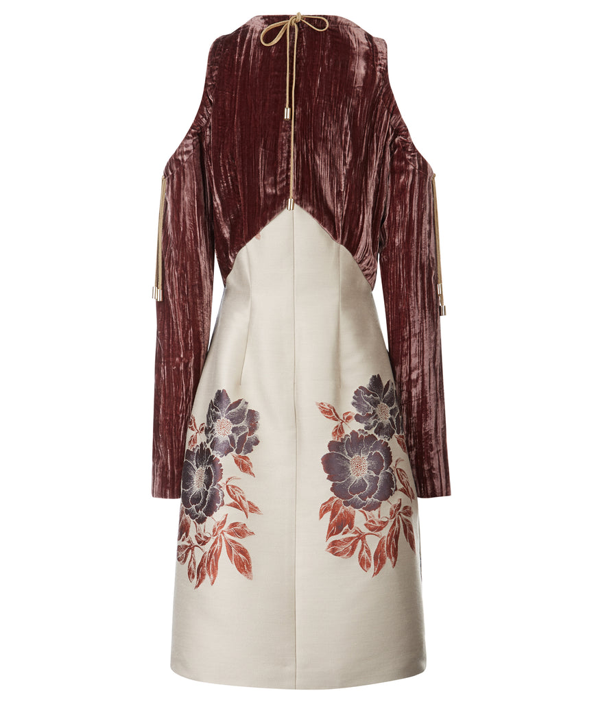 Tie Sleeve Dress velveteen red grey gray jacquard floral cord toggle back image photo picture