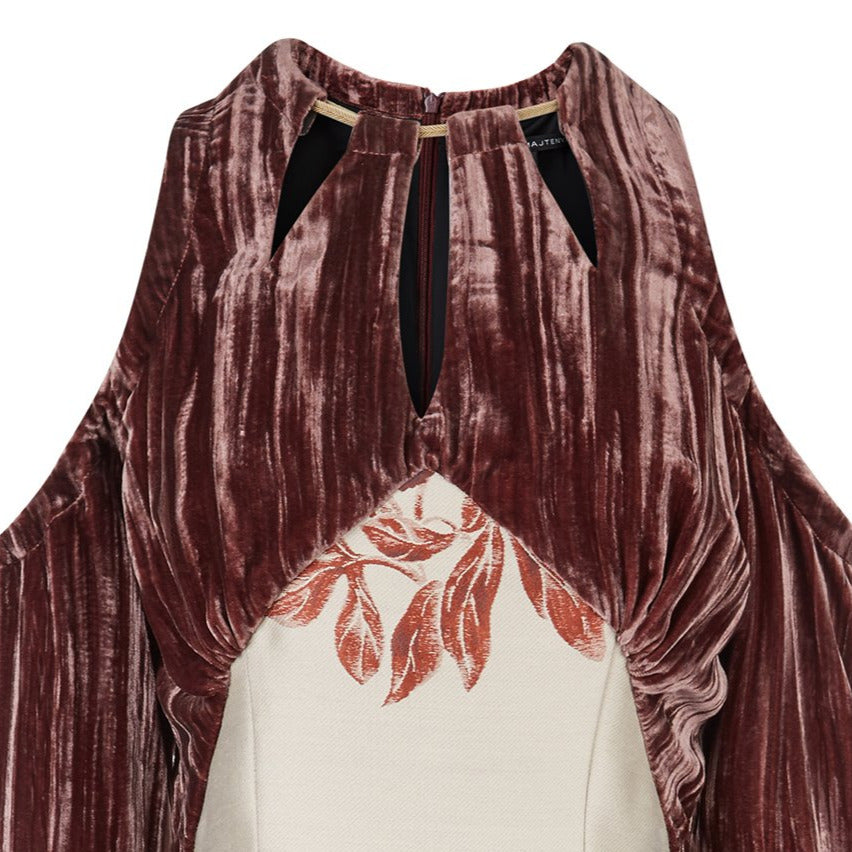 Tie Sleeve Dress velveteen red grey gray jacquard floral cord toggle front close-up image photo picture