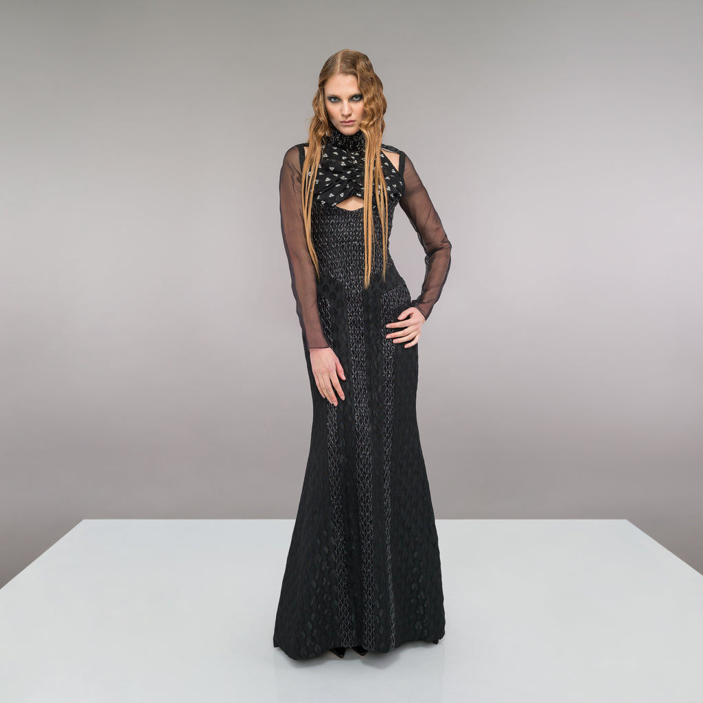 Tri Point Dress evening gown sheer long sleeve black contrast weave white flower model image photo picture