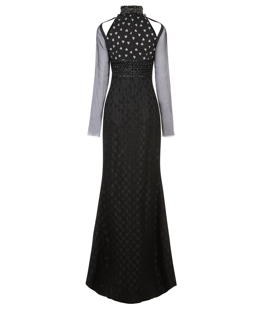 Tri Point Dress evening gown sheer long sleeve black contrast weave white flower back image photo picture