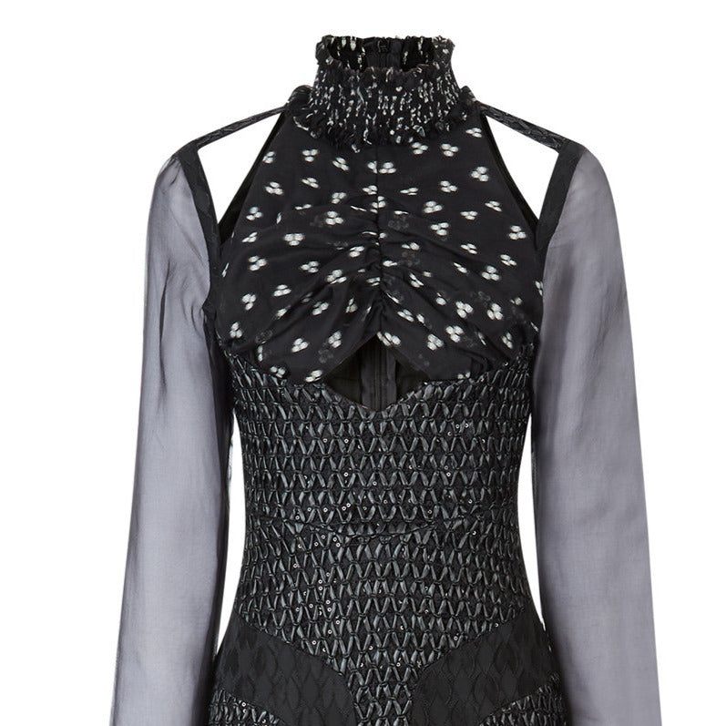 Tri Point Dress evening gown sheer long sleeve black contrast weave white flower front close-up image photo picture