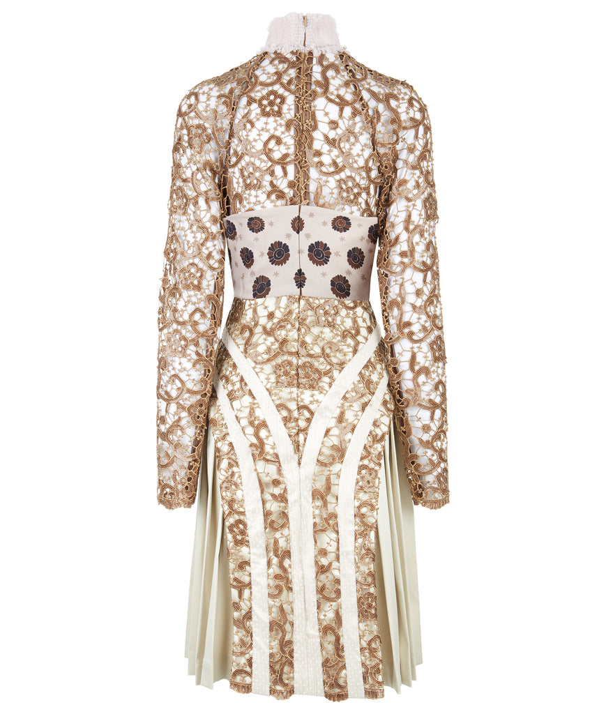 Print Tri-Point Dress. Sample sold as-is, no return, no refund. Contrast sequined and beaded gold lace contrast panels. Subtle floral print design on bodice. Full pleats below hip. CB invisible zipper. High ruched collar.