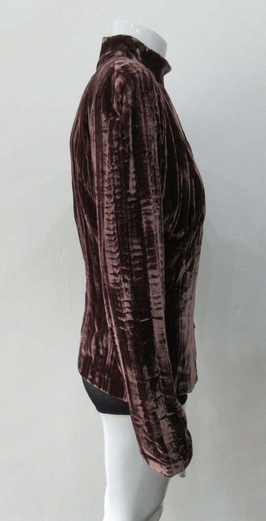 Gathered Top. Rich long sleeve top in deep red-grey streaked velvet. Panel details under bustline to accentuate fit. CB zip and 4.5cm wide collar. Fully lined. CB length from neckpoint 60cm, sleeve length 79cm from side neck point. 450g approximate weight. 75% Viscose, 25% Nylon. Lining 100% Rayon. Dry Clean Only. Made in England