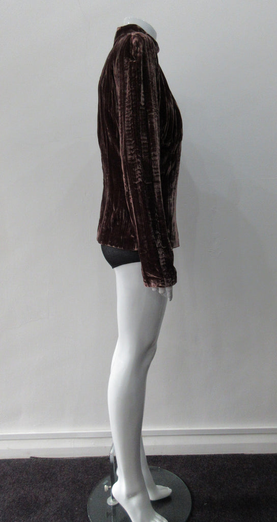 Gathered Top. Rich long sleeve top in deep red-grey streaked velvet. Panel details under bustline to accentuate fit. CB zip and 4.5cm wide collar. Fully lined. CB length from neckpoint 60cm, sleeve length 79cm from side neck point. 450g approximate weight. 75% Viscose, 25% Nylon. Lining 100% Rayon. Dry Clean Only. Made in England