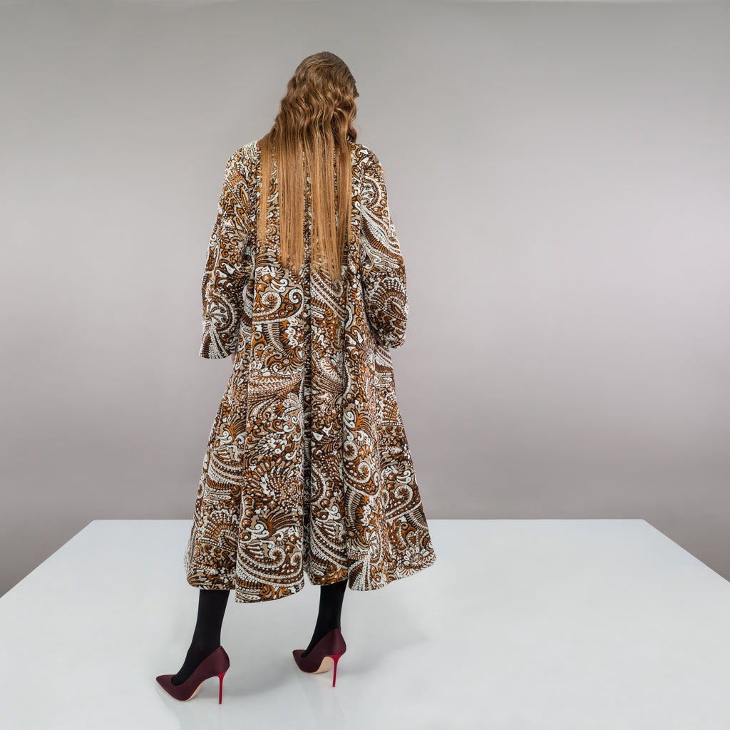 Duster Coat outerwear rust beige copper paisley texture buttons swing cut model image photo picture