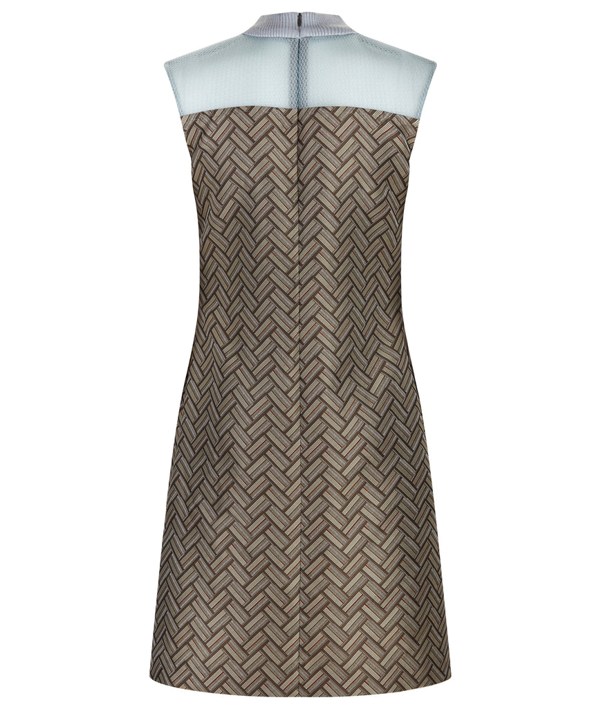Deep Dip Dress. Sleeveless shift dress in rectangular diagonal tiled weave design in taupish brown. CF dips below bustline, almost to waistline, compiled with sea green sheer mesh. Rib knit collar 4.5cm height. Dress length from CB neckpoint 91.5cm. 50g approximate weight. 80% Nylon, 20% Viscose Contrast: 100% Nylon. Dry Clean Only. Made in England