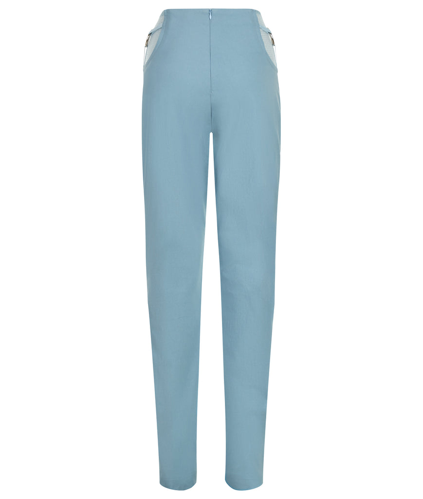 Round Waist Trouser. Straight leg trouser in sea green stretch fabric with mesh knee panel detail and piping. 3 blade turbine concept design on side hips over sheer mesh. CB invisible zipper. Inseam 86cm, Outseam 117cm. 110g approximate weight.
