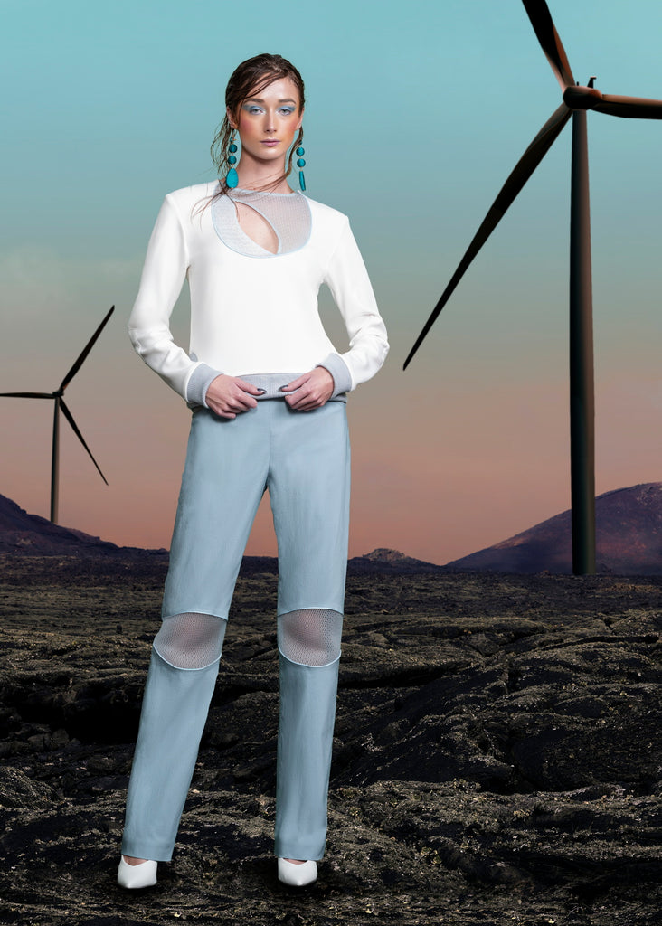 Round Waist Trouser. Straight leg trouser in sea green stretch fabric with mesh knee panel detail and piping. 3 blade turbine concept design on side hips over sheer mesh. CB invisible zipper. Inseam 86cm, Outseam 117cm. 110g approximate weight.