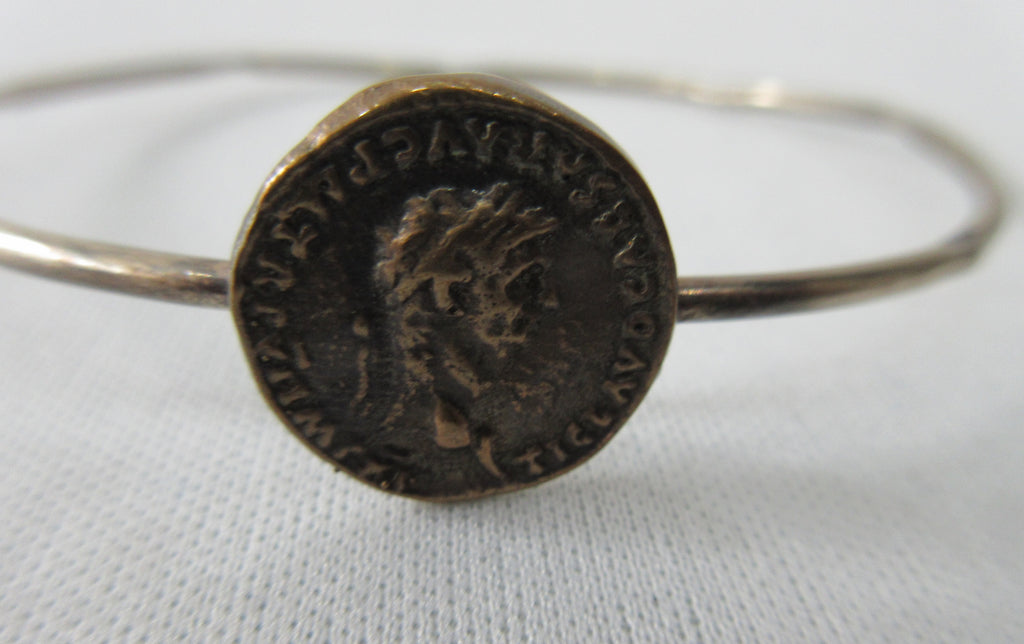 Karyn Chopik Attached Coin Bracelet, Item Number: S1115, Sterling Silver, Antiquated Brass, Size L -Inside Diameter 6.8cm, 40g approximate weight, Made in Canada