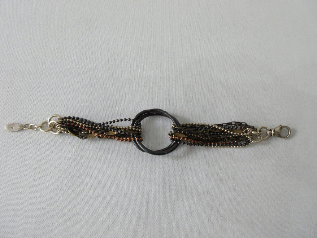 Karyn Chopik Double Ring Bracelet with Dual Joining Mini Chains, Item Number: B1117, Sterling Silver, Antiquated Brass & Copper, Maximum length 22cm. 220g approximate weight. Made in Canada