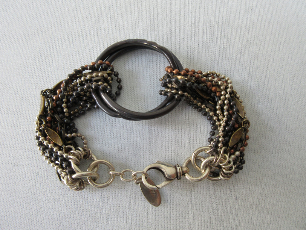 Karyn Chopik Double Ring Bracelet with Dual Joining Mini Chains, Item Number: B1117, Sterling Silver, Antiquated Brass & Copper, Maximum length 22cm. 220g approximate weight. Made in Canada