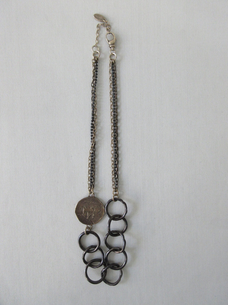 Karyn Chopik 8 Ring & Coin Necklace with multi-chain combination, Item Number: N1166, Open length 52cm, 29cm lenth when worn, 38 grams approximate weight. Made in Canada