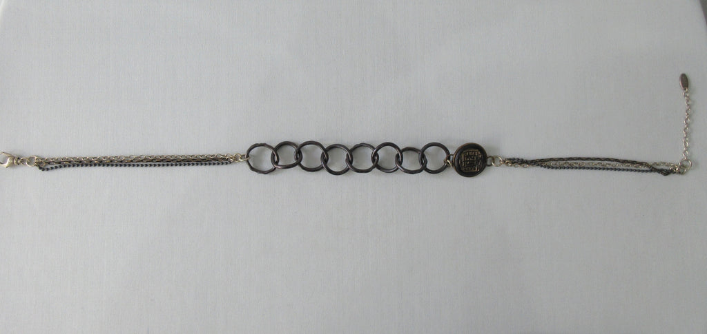 Karyn Chopik 8 Ring & Medallion Necklace with multi-chain combo. Item Number N1166, Sterling Silver with Antiquated Brass, Copper, 54cm full length open, 28.5cm maximum length when worn, Made in Canada