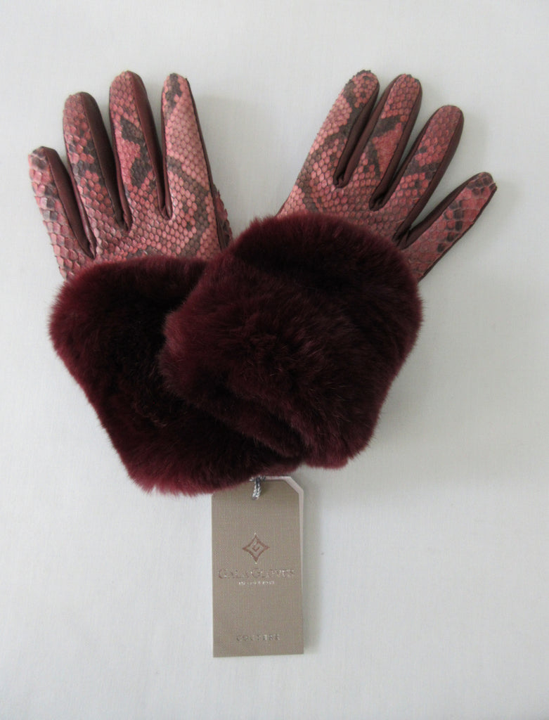 Gala Gloves Couture Bordeaux Snake Skin Gloves with Fur Trim. Item Number D571NPC027 Bordeaux. Red Snakeskin gloves with dark red Fur trim. Fur unknown. Made in Italy. 80g approximate weight