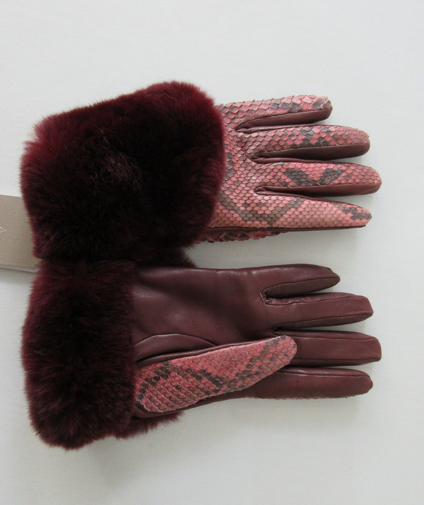 Gala Gloves Couture Bordeaux Snake Skin Gloves with Fur Trim. Item Number D571NPC027 Bordeaux. Red Snakeskin gloves with dark red Fur trim. Fur unknown. Made in Italy. 80g approximate weight