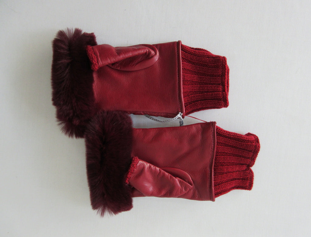 Gala Gloves Couture Red Fingerless Gloves, Item Number D596NALAD261RUB 948.010. Ruby Red coloured textured leather with knit base, leather fingerless glove with fur trim for fingers. Fur unknown. 80g approximate weight. Made in Italy