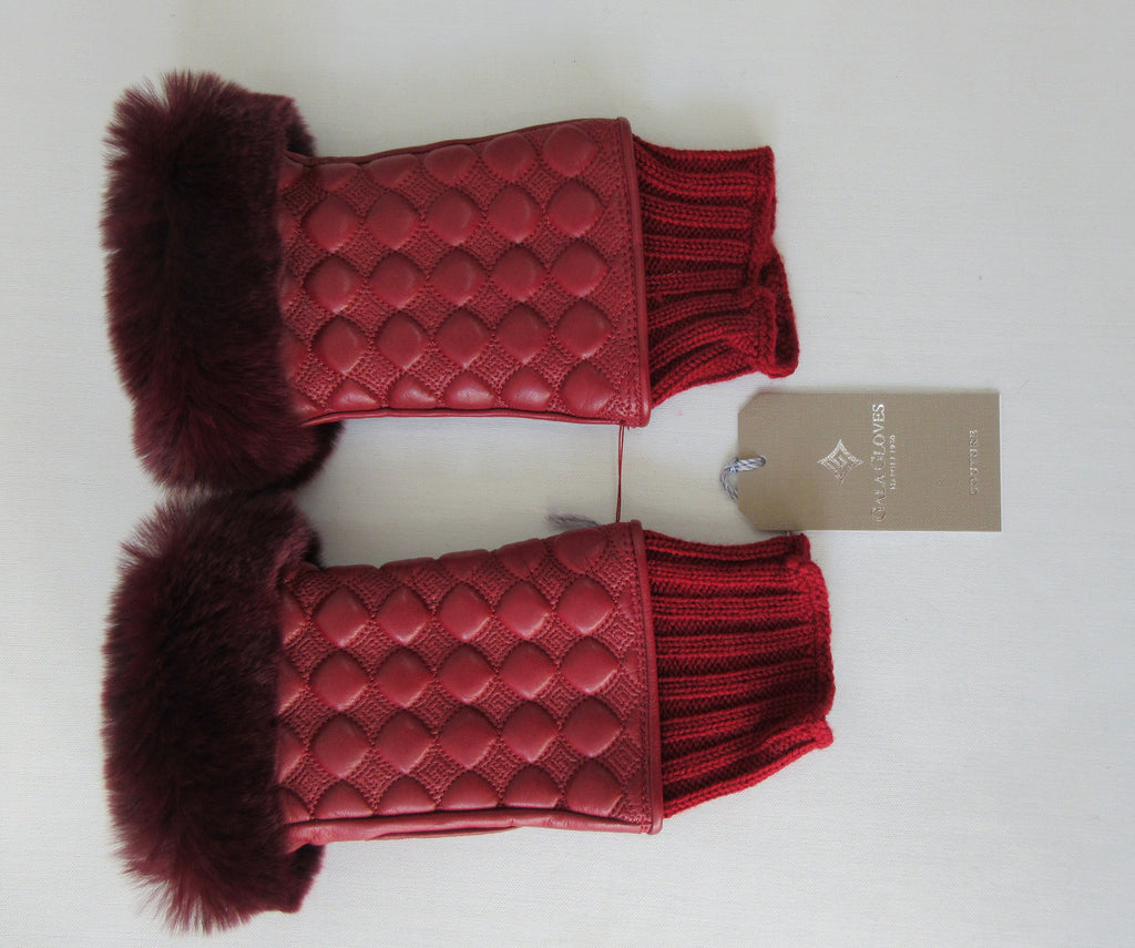Gala Gloves Couture Red Fingerless Gloves, Item Number D596NALAD261RUB 948.010. Ruby Red coloured textured leather with knit base, leather fingerless glove with fur trim for fingers. Fur unknown. 80g approximate weight. Made in Italy