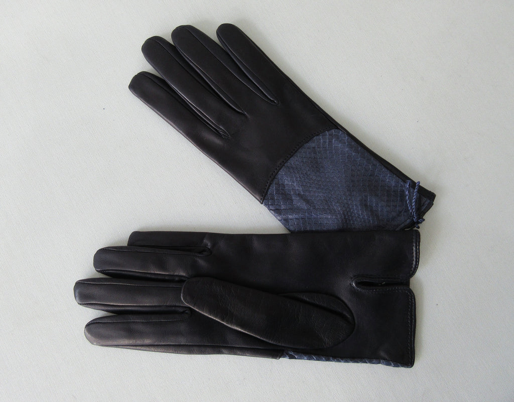 Gala Gloves Navy Glove with Snake Skin Top Panel. Item Number D510NEWS020 948.004. Soft navy leather with navy snake skin panel. 60g approximate weight. Made in Italy