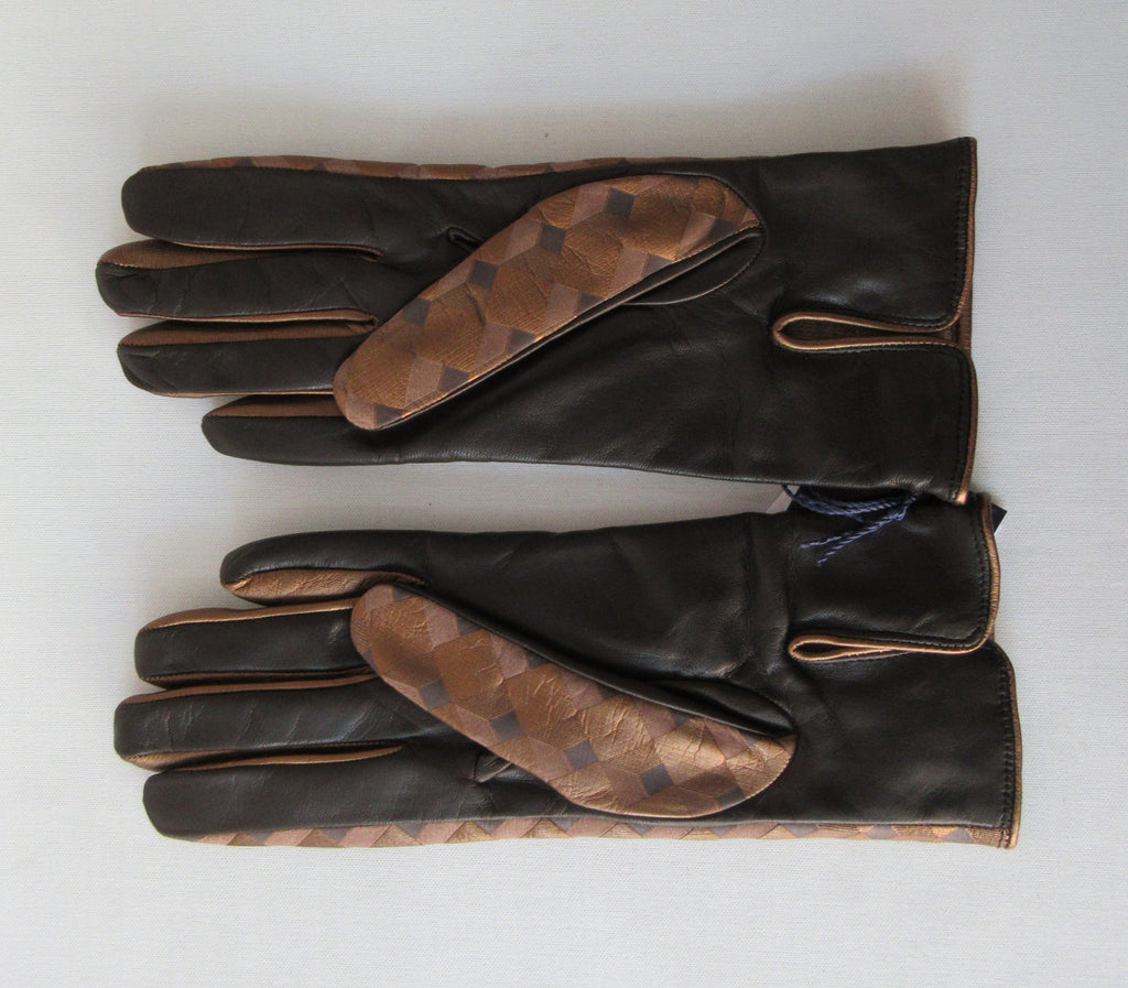 Gala Gloves Brown Diamond Design. Item Number D616NLCA008 Brown. Gold & Brown Diamond design on top side. Solid brown leather underside. 60g approximate weight, Made in Italy