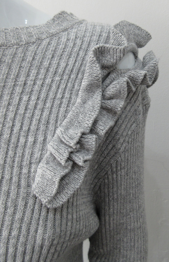 Grey rib knit cardigan with open shoulder applique design on left side. CB Length 60cm, Sleeve Length 54cm, 100% Cotton, Hand wash cold seperately, Dry flat to re-shape. 450g approximate weight, Made in China