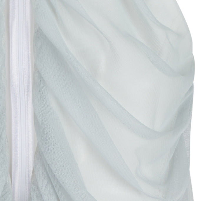 Sheer Gathered Top. Sleevless top in thick white scuba with lower side panel mesh trim. Covered silky sheer mesh gathered over top, attaching to collar. CB invisible zipper. Length from CB neckpoint 54cm. 100g approximate weight.