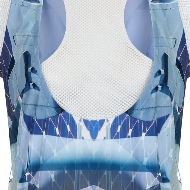 Print Round Waist Dress. Multi-blue coloured wind turbine print dress with dropped front neck, compensating with sheer white mesh on chest and shoulder tips. Turine blade style detail on side hips featuring tri-elastic trim groupings.