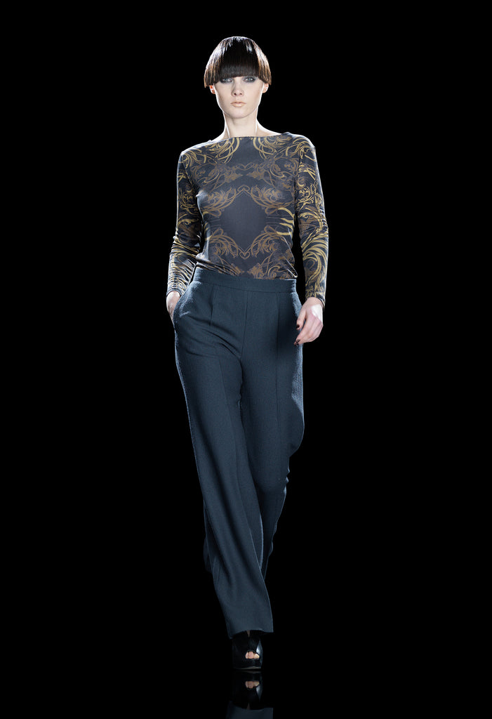 110112 Tailored Touser. Deep Grey Wool Crepe flowing with flared hem, Reverse pocket details on front. Size 8, Inseam 85cm, Outseam 106cm, 100% Wool, Contrast: 100% Cotton, Lining: 100% Rayon, Made in England