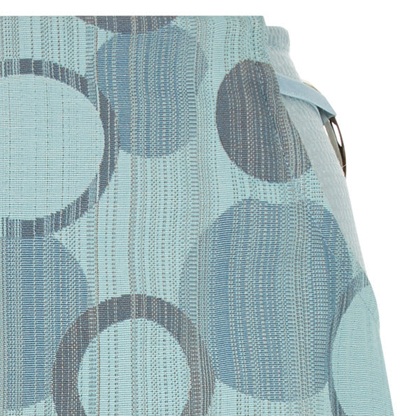 Round Waist Skirt. Medium length skirt in multi coloured sea green weave design. Turbine 3 blade concept design on side hips with stretch trim, over sheer sea green mesh. CB skirt length 59.5cm. 80g approximate weight.