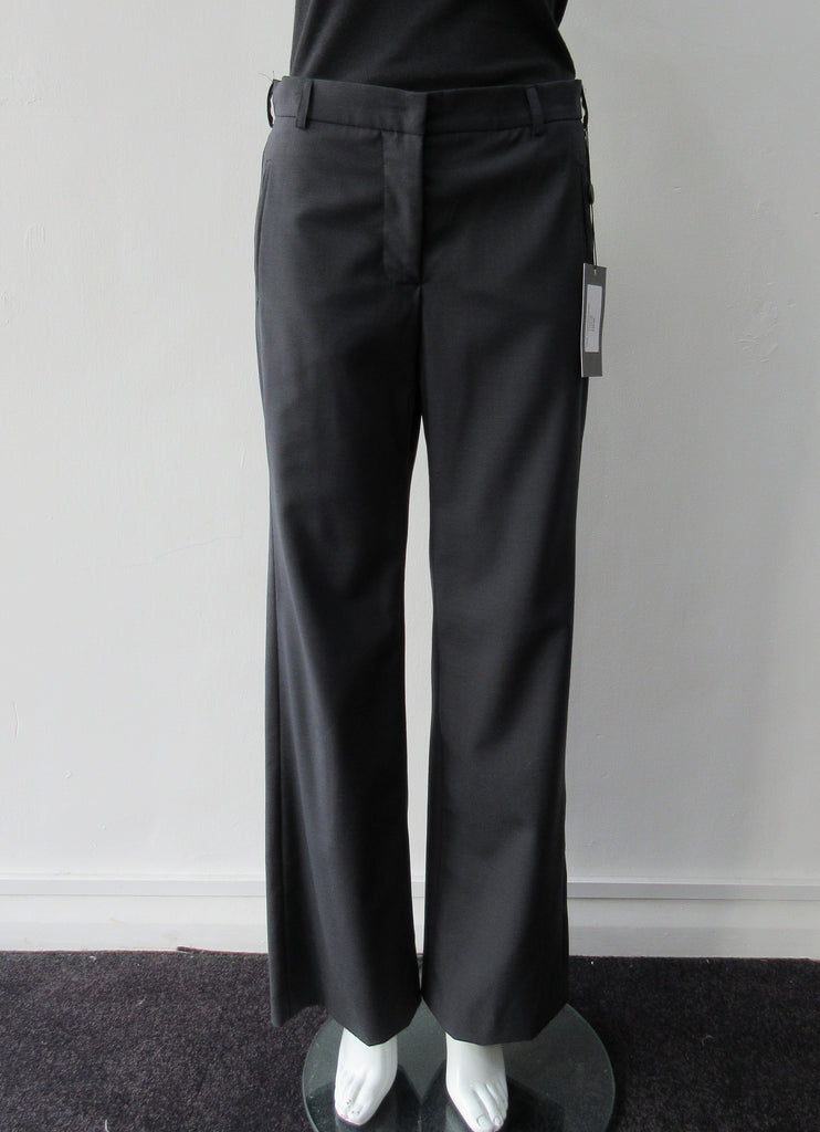 Charcoal grey wool trousers with side welt pockets. Size 8. 100% Wool Dry Clean Only. Inseam 80cm, Outseam 105cm