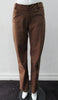 Brown Faux Suede Trouser. Nicely tailored medium brown faux suede trousers with beige contrast piping. Front angle invisible zip pockets. Can be paired with 060218 Split Suede Coat. Formerly a showpiece, specially made. Inseam 83cm. Outseam 103cm. 400g approximate weight. 95% Polyester, 5% Nylon. Dry Clean Only. Made in Canada