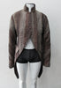 Brown Wave Cut Away Coat. Mid 19th Century military style cut-away coat in textured array of brown & brass. Slight reptile print covered with sheer stripe fabric pieces. CF cutaway and 29cm. CB slpit open back vent at hem. 2 button closure. CB length from neck point 91cm. Sleeve length from side neck point 80cm. 700g approximate weight. 75% Polyester, 25% Nylon Lining: 100% Rayon. Dry Clean Only. Made in Canada