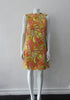 Bright Yellow Print Dress. Below the knee dress with 60's style yellow, pink and orange design. Chinese style piping trim accent in yellow satin piping. CB zipper. Fully lined.