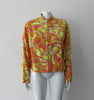 Bright Yellow Print Jacket. Bright loose fitting zippered jacket with 60's style yellow, pink and orange design. Chinese style piping trim accent in yellow satin piping.  Fully lined. 100% Viscose. Lining: 100% Rayon, Dry Clean Only. Made in Canada, 240g approximate weight