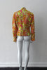 Bright Yellow Print Jacket. Bright loose fitting zippered jacket with 60's style yellow, pink and orange design. Chinese style piping trim accent in yellow satin piping.  Fully lined. 100% Viscose. Lining: 100% Rayon, Dry Clean Only. Made in Canada, 240g approximate weight
