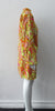 Bright Yellow Print Jacket. Bright loose fitting zippered jacket with 60's style yellow, pink and orange design. Chinese style piping trim accent in yellow satin piping.  Fully lined. 100% Viscose. Lining: 100% Rayon, Dry Clean Only. Made in Canada, 240g approximate weight
