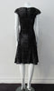 Sided Dress. A classic look with front piece with cross-cut side panels. Charcoal grey and black satin & velvet combination with cap sleeves. CB zipper fully lined