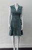 Round Seam Dress. Dark sea green textured dress with curved neck panels. With CB zipper. CB length 93cm. 82% Wool, 18% Nylon. Lining: 100% Rayon. Dry Clean Only, Made in Croatia