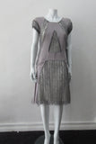 A Dress, Blue-Grey A-line dress with custom built textured netting panels. 65% Linen, 35% Cotton. Contrast: 98% Polyamide, 2% Polyester Lining: 100% Rayon. Dry Clean Only. 250g approximate weight. Made in Croatia