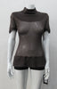 T-Shirt style with short sleeves featuring curved panel parallel to neckline and soft dropped round collar. Sheer jersey bodice with soft wool fine knit panel, both in rich brown colour.