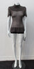 T-Shirt style with short sleeves featuring curved panel parallel to neckline and soft dropped round collar. Sheer jersey bodice with soft wool fine knit panel, both in rich brown colour.