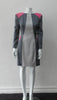 Complex Panelled Dress. Multi-panelled, multi-coloured wool dress in grey and pink panel accents. Very low back scoop to above waist.  Dress length froom CF neckpoint 90cm. 650g approximate weight. Size 8. 100% Wool, Lining 100% Rayon, Dry Cean Only. Made in England