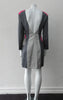 Complex Panelled Dress. Multi-panelled, multi-coloured wool dress in grey and pink panel accents. Very low back scoop to above waist.  Dress length froom CF neckpoint 90cm. 650g approximate weight. Size 8. 100% Wool, Lining 100% Rayon, Dry Cean Only. Made in England