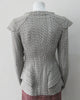 Pep Jacket. Front metal zip jacket in grey and white weave with extended cap at shoulder point. CB Length 63cm, Sleeve Length from shoulder point to hem 73cm. 600g approximate weight. Size 8. 45% Cotton, 35% Nylon, 15% Polyester, 5% Viscose Lining: 100% Rayon. Dry Clean Only, Made in Canada