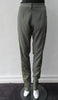 Fine wool weave with contrast bark print panel on sides and tapered at foot. Taupe green colour. Size 6, Inseam 92cm, Outseam 107cm, 100% Wool, Contrast: 100% Cotton, Dry Clean Only, Made in England
