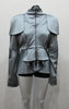 Grey-Blue flap panel short jacket, with pleated peplum. Heavier weight fabric ideal for colder weather wear. CF and sleeve hem zippers.