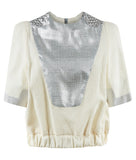 Mixed Shouldered Top blouse short sleeve silver beige shiny metallic soft jacquard front view image photo picture