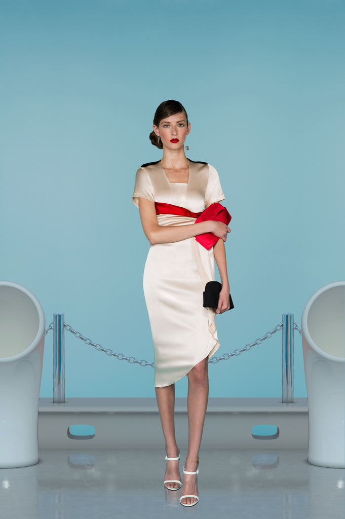 Light Flutter Dress long asymmetrical beige red silk stretch front model image photo picture