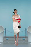 Light Flutter Dress long asymmetrical beige red silk stretch front model image photo picture