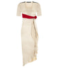 Light Flutter Dress long asymmetrical beige red silk stretch front image photo picture